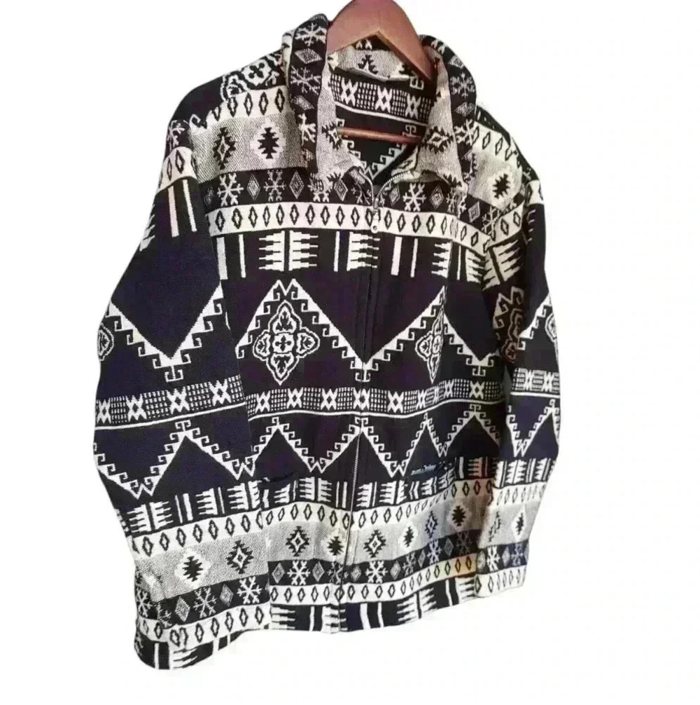 Black and White Textile Zip Up Jacket